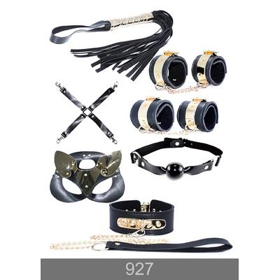 Exotikiss 7’li Fantazi Kelepçe, Kırbaç ve Tasmali Aksesuar Seti – Siyah & Gold BDSM Fantezi Seti