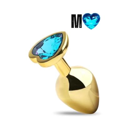 Paslanmaz Çelik Gold Mavi Renkli Kalp Taşlı Anal Plug – Orta Boy