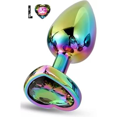 Paslanmaz Çelik Rainbow Renkli Kalpli Taşlı Anal Plug – Büyük Boy