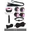 Exotikiss 7’li Fantazi Kelepçe ve Kırbaç Seti – Siyah & Pembe BDSM Aksesuar Seti